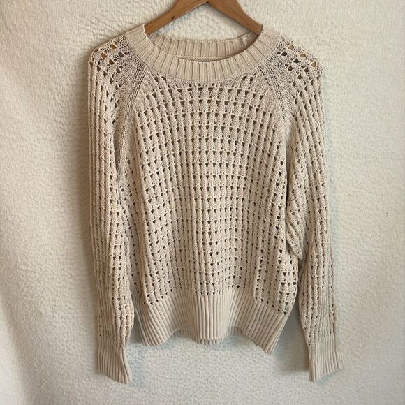 J Crew‎ Pointelle crewneck sweater Womens XXL Tan Ivory - Picture 2 of 9
